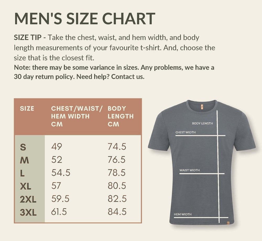 Tee size chart: chest, waist and hem width and body length in cm