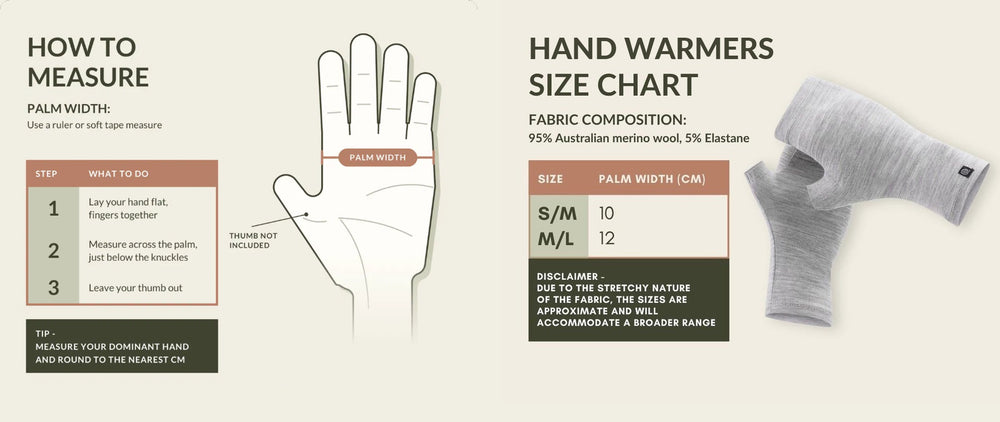 How to measure your palm width: lay your hand flat, measure across the palm just below the knuckles, thumb not included