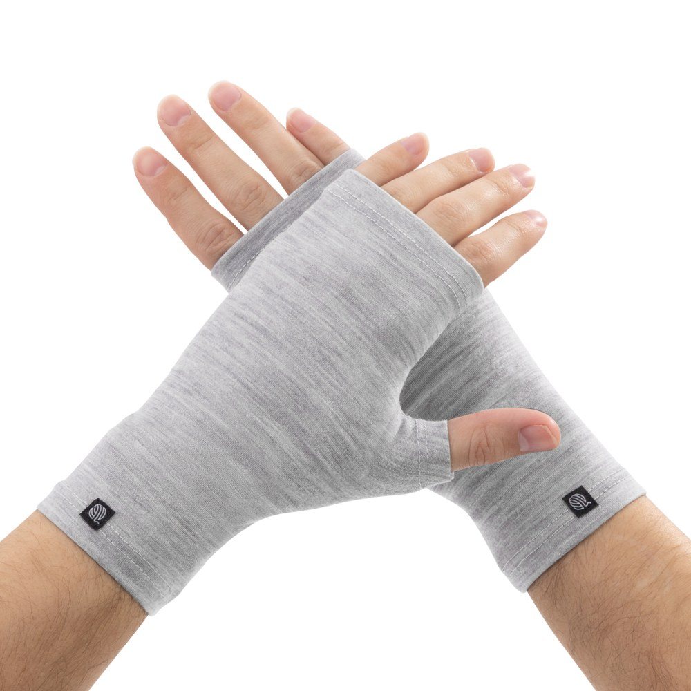 Gray hand warmers showing the thumb hole and long cuff