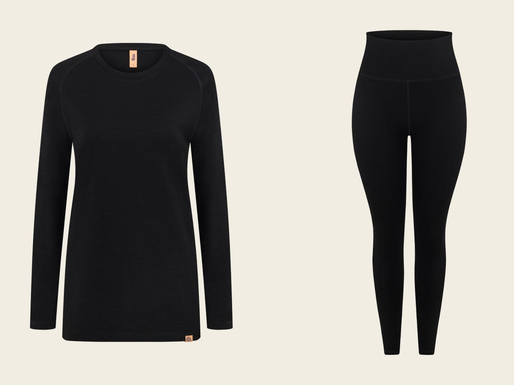 Black merino thermal top and bottoms laid side by side