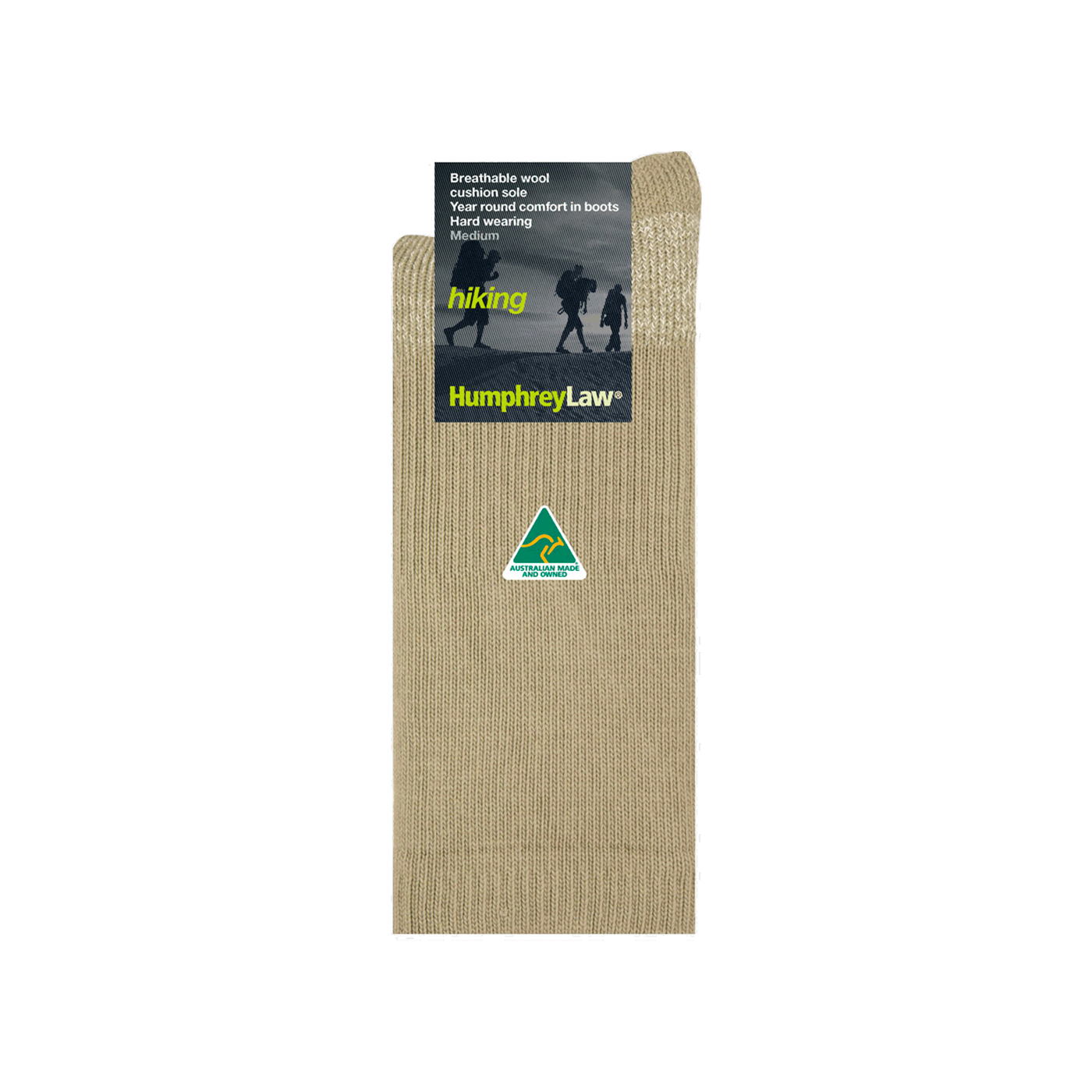 Packaging shot of Humphrey Law 61C full length merino wool hiking sock in beige/Antelope colour