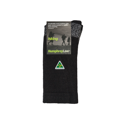 Packaging shot of Humphrey Law 61C full length merino wool hiking sock in black colour