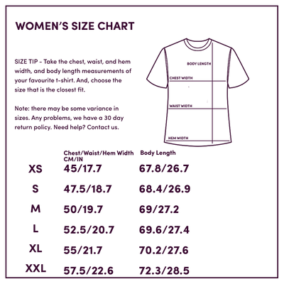 Size chart of women's short sleeve merino t-shirt by Ottie Merino