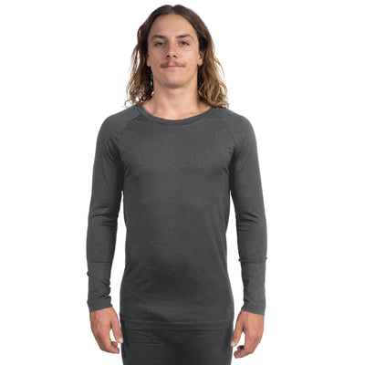 Front shot of Ottie Merino men's long sleeve thermal top in Charcoal Marle colour on 173cm model who is wearing a size medium
