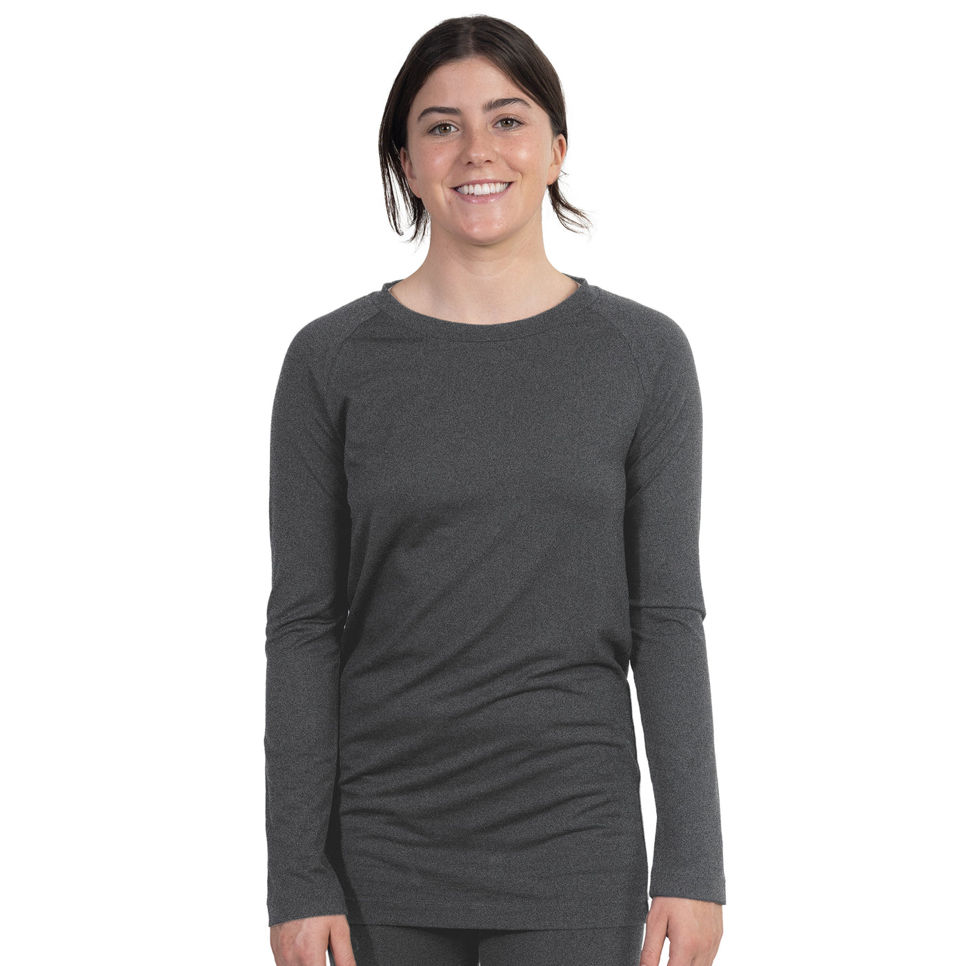 Front shot of Ottie Merino women's long sleeve thermal top in Charcoal Marle colour