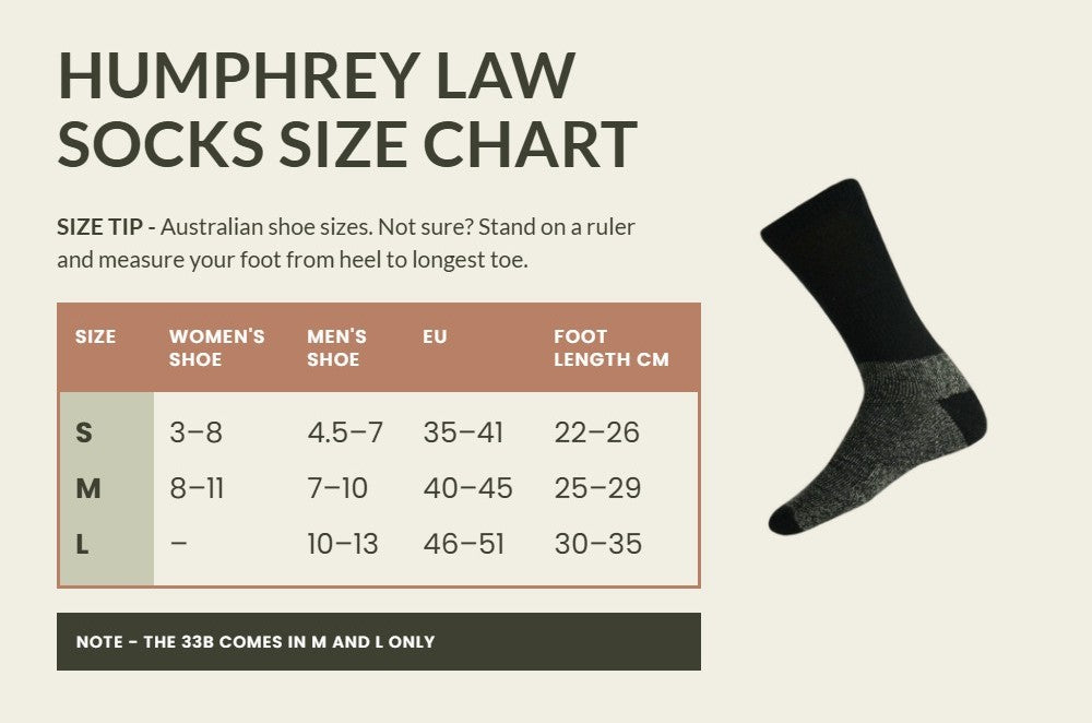 Humphrey Law socks size chart: S fits women’s shoe 3–8, men’s 4.5–7; M women’s 8–11, men’s 7–10; L men’s 10–13