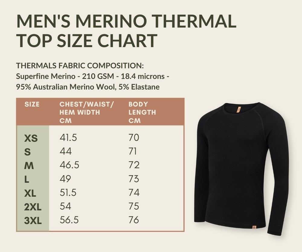 Men's thermal top size chart