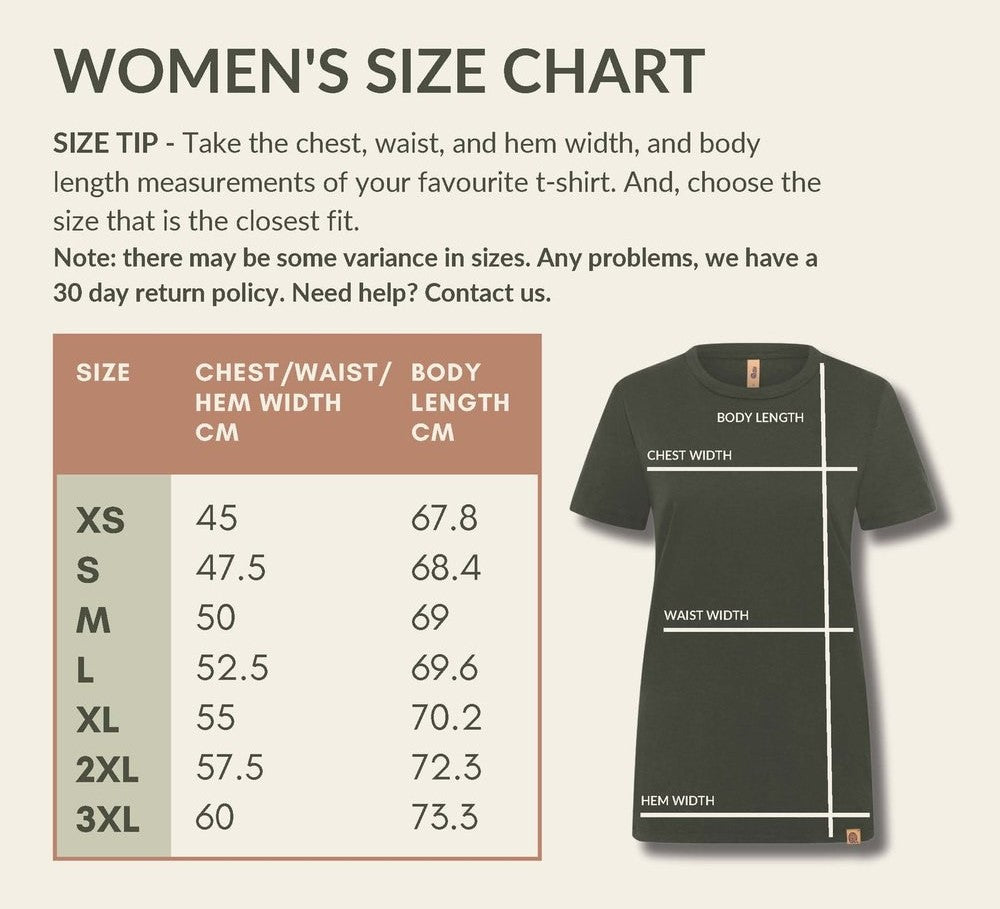 Tee size chart: chest, waist and hem width and body length in cm